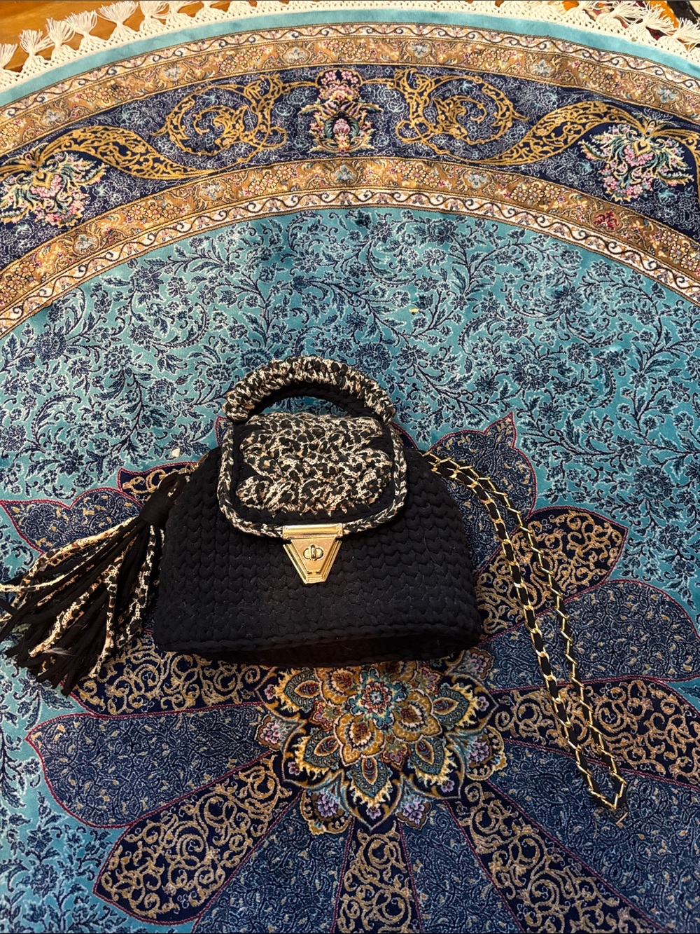 Black Woven Mini Top-Handle Bag with Leopard-Print Flap and Gold-Tone Hardware